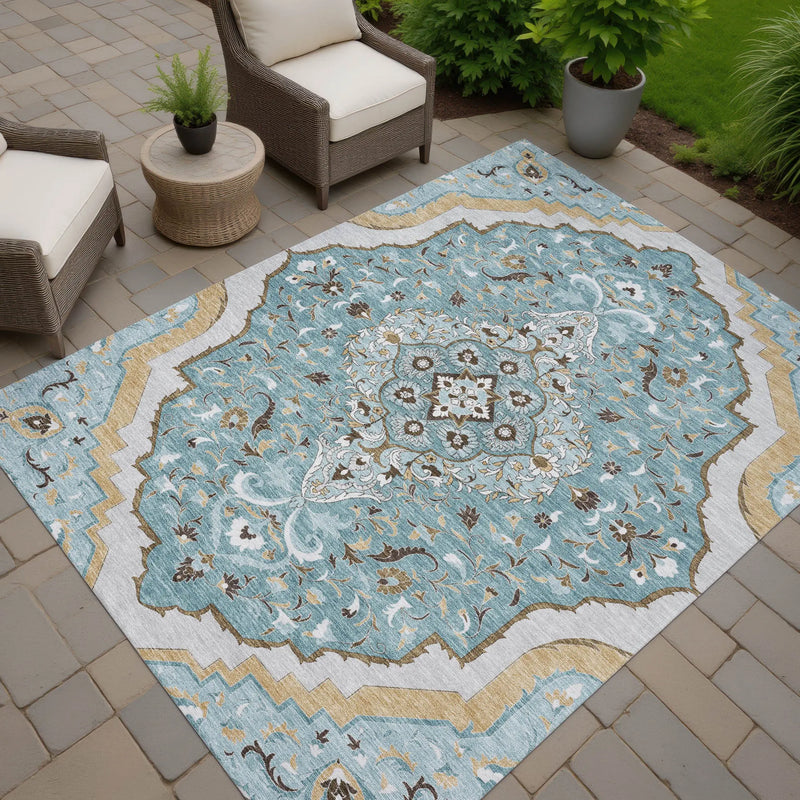 8' X 10' Teal Blue And Brown Medallion Washable Indoor Outdoor Area Rug Homeroots Outdoor