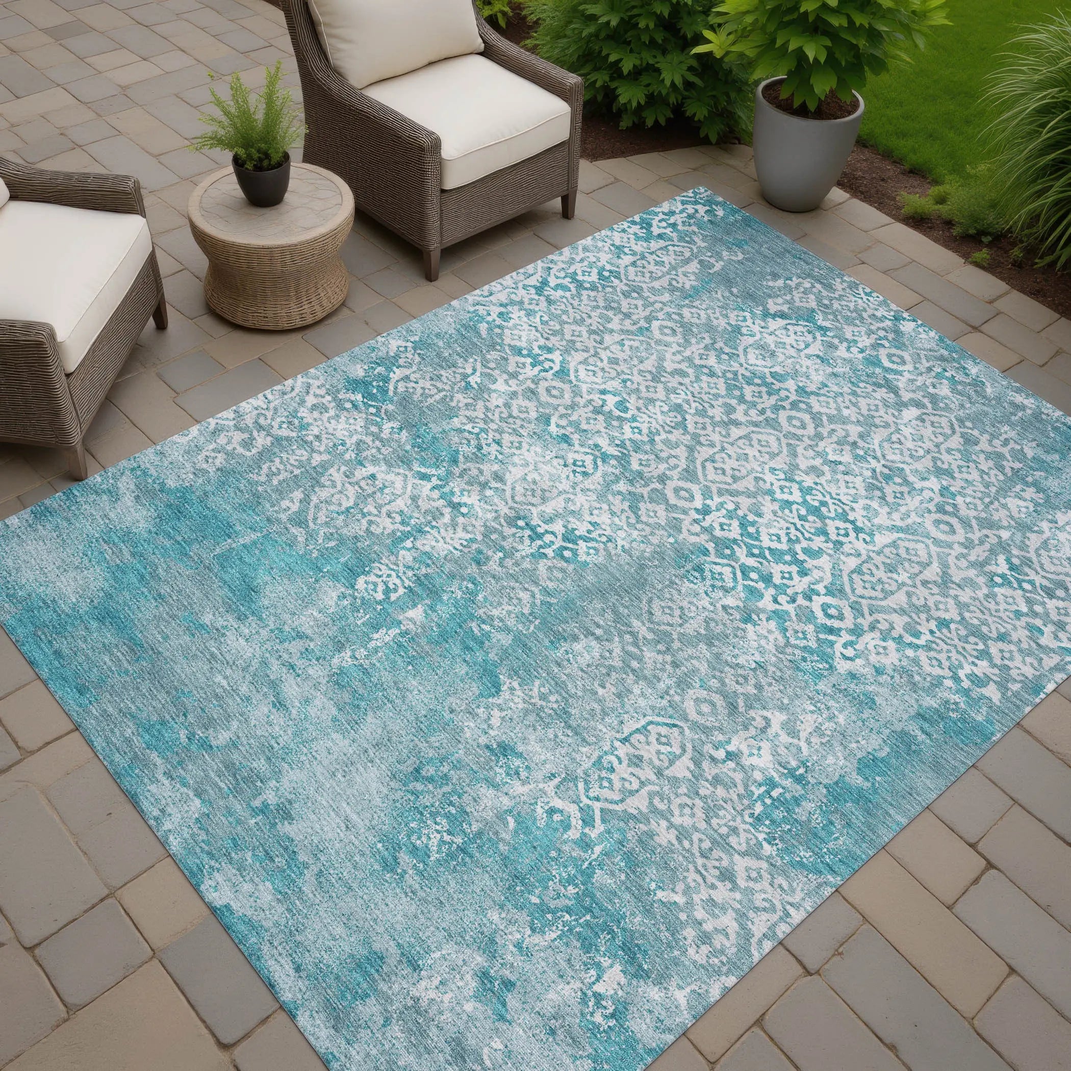 8' X 10' Teal Blue And Brown Oriental Washable Indoor Outdoor Area Rug Homeroots Outdoor
