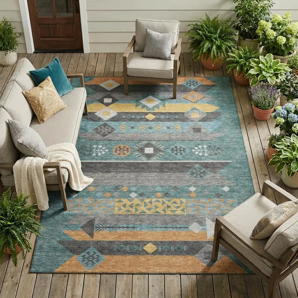 8' X 10' Teal Blue And Copper Geometric Washable Indoor Outdoor Area Rug Homeroots Outdoor