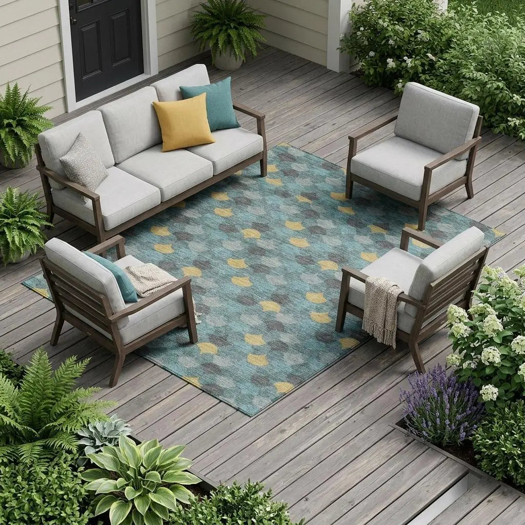 8' X 10' Teal Blue And Gold Geometric Washable Indoor Outdoor Area Rug Homeroots Outdoor