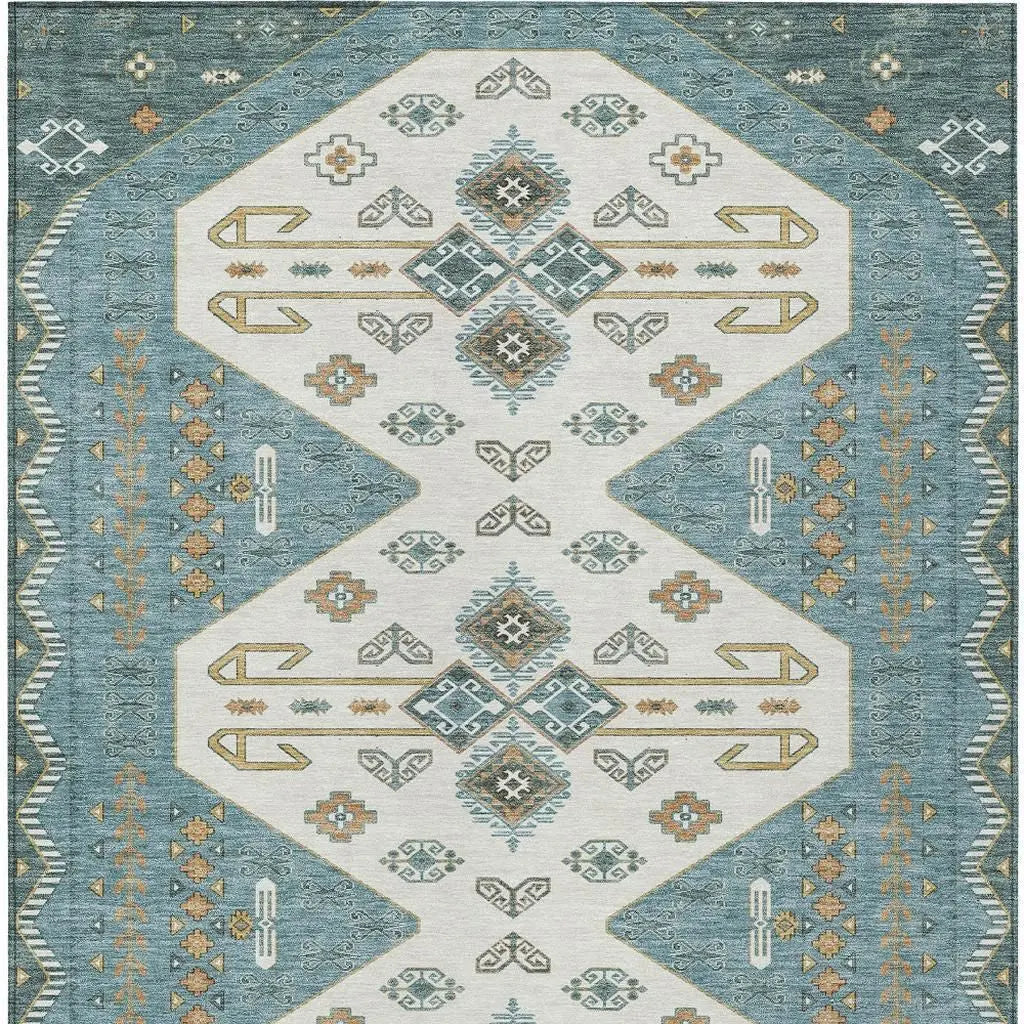 8' X 10' Teal Blue And Gold Geometric Washable Indoor Outdoor Area Rug Homeroots Outdoor