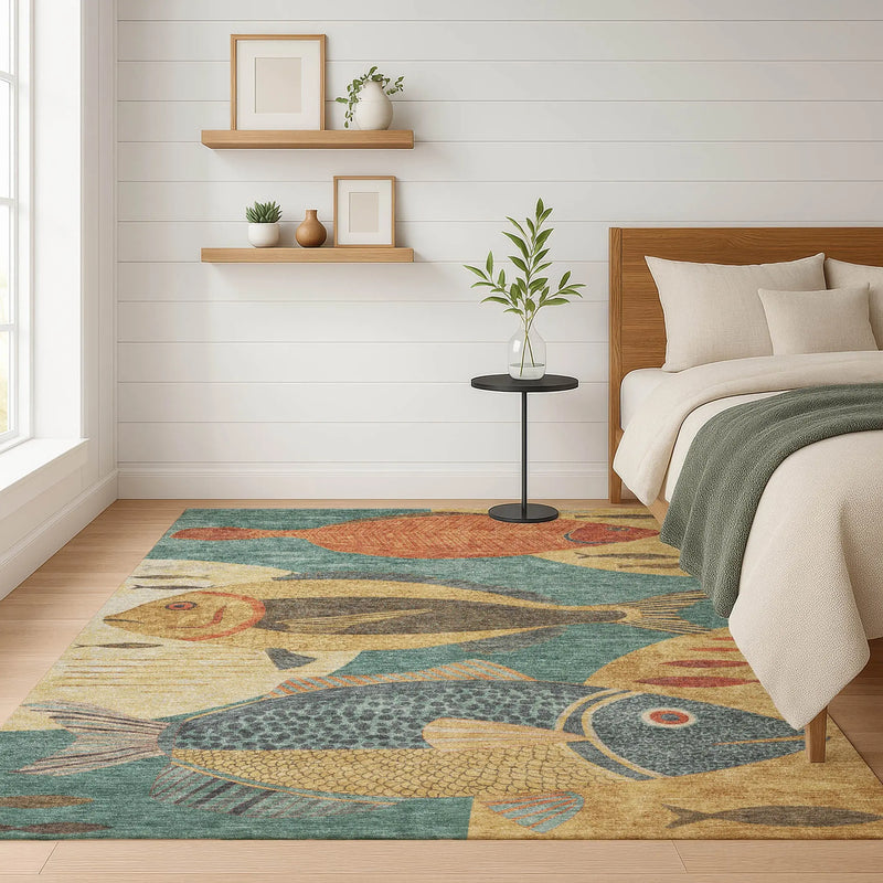 8' X 10' Teal Blue And Gold Tropical Fish Washable Indoor Outdoor Area Rug Homeroots Outdoor