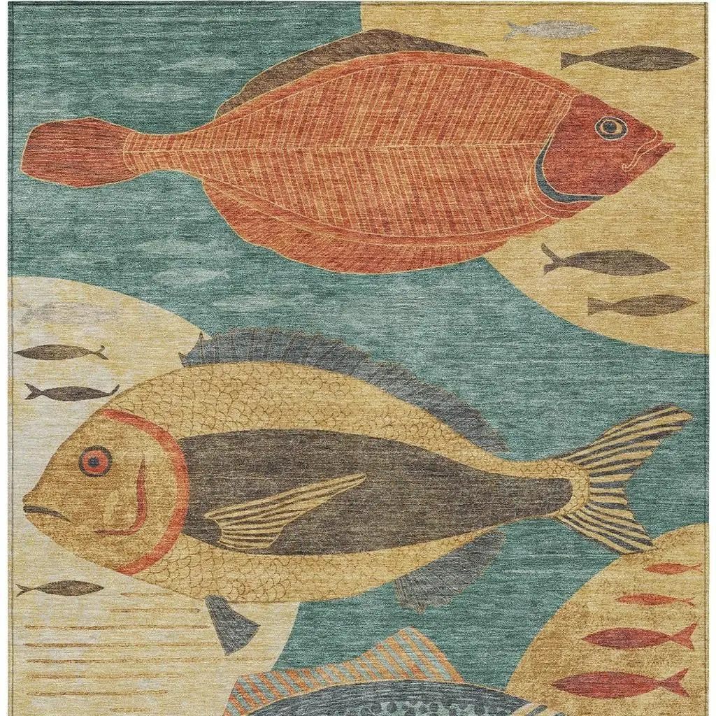 8' X 10' Teal Blue And Gold Tropical Fish Washable Indoor Outdoor Area Rug Homeroots Outdoor