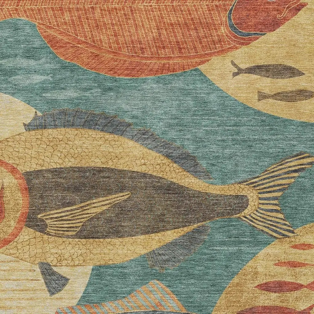 8' X 10' Teal Blue And Gold Tropical Fish Washable Indoor Outdoor Area Rug Homeroots Outdoor