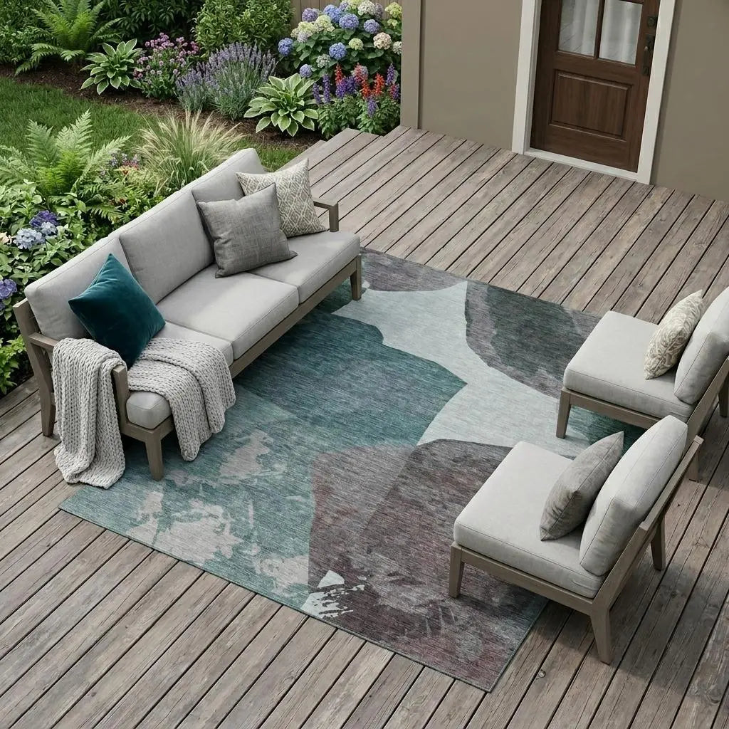 8' X 10' Teal Blue And Graphite Abstract Washable Indoor Outdoor Area Rug Homeroots Outdoor