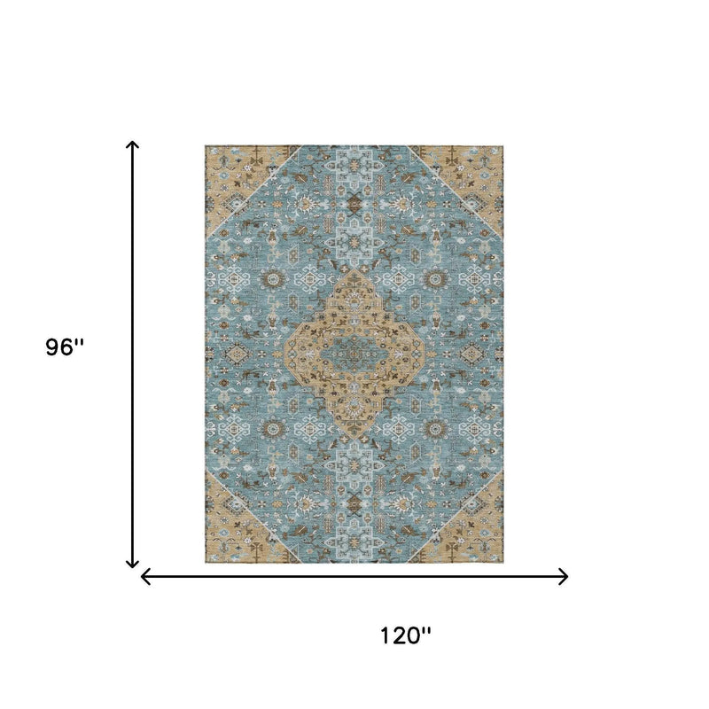 8' X 10' Teal Blue And Graphite Medallion Washable Indoor Outdoor Area Rug Homeroots Outdoor