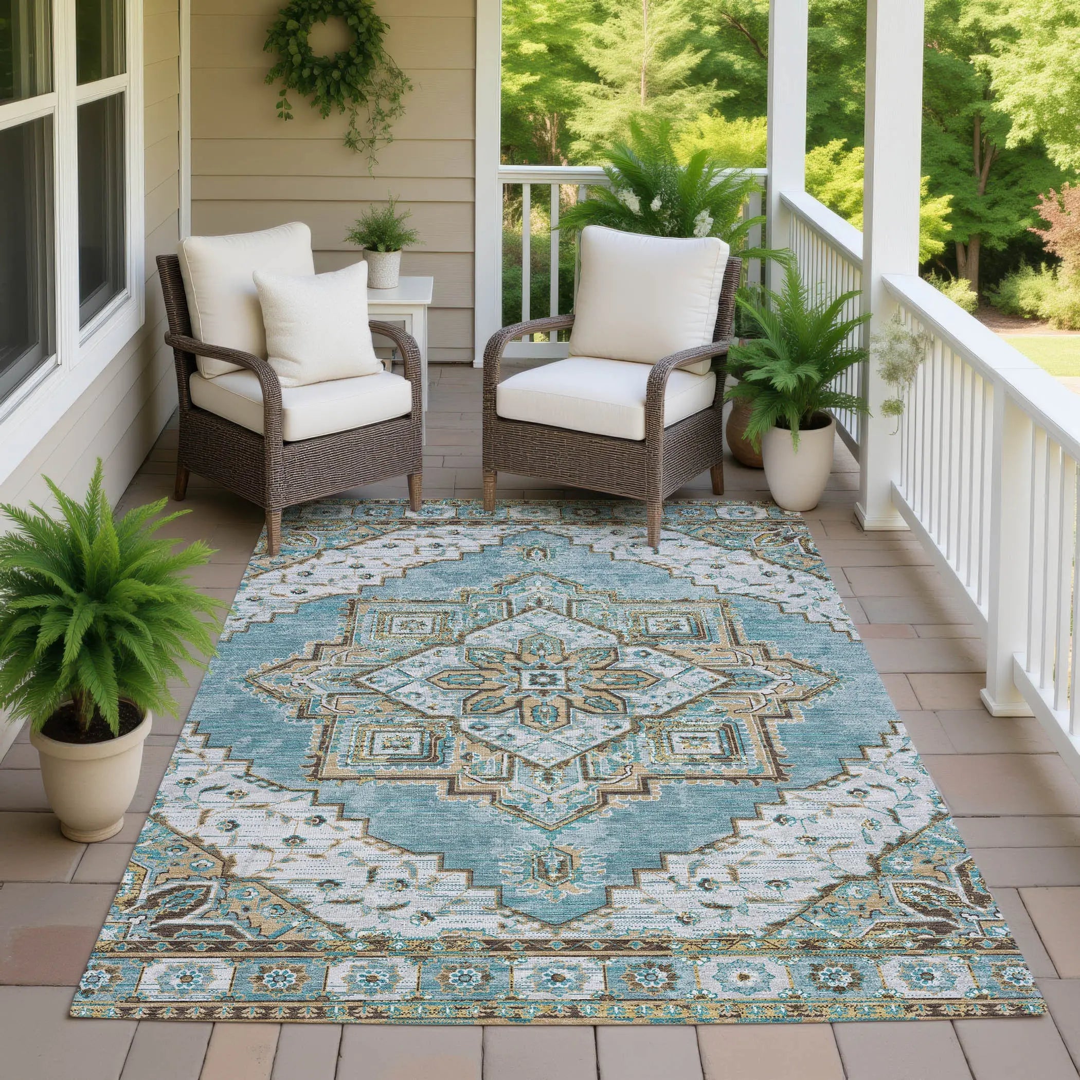 8' X 10' Teal Blue And Graphite Oriental Washable Indoor Outdoor Area Rug Homeroots Outdoor
