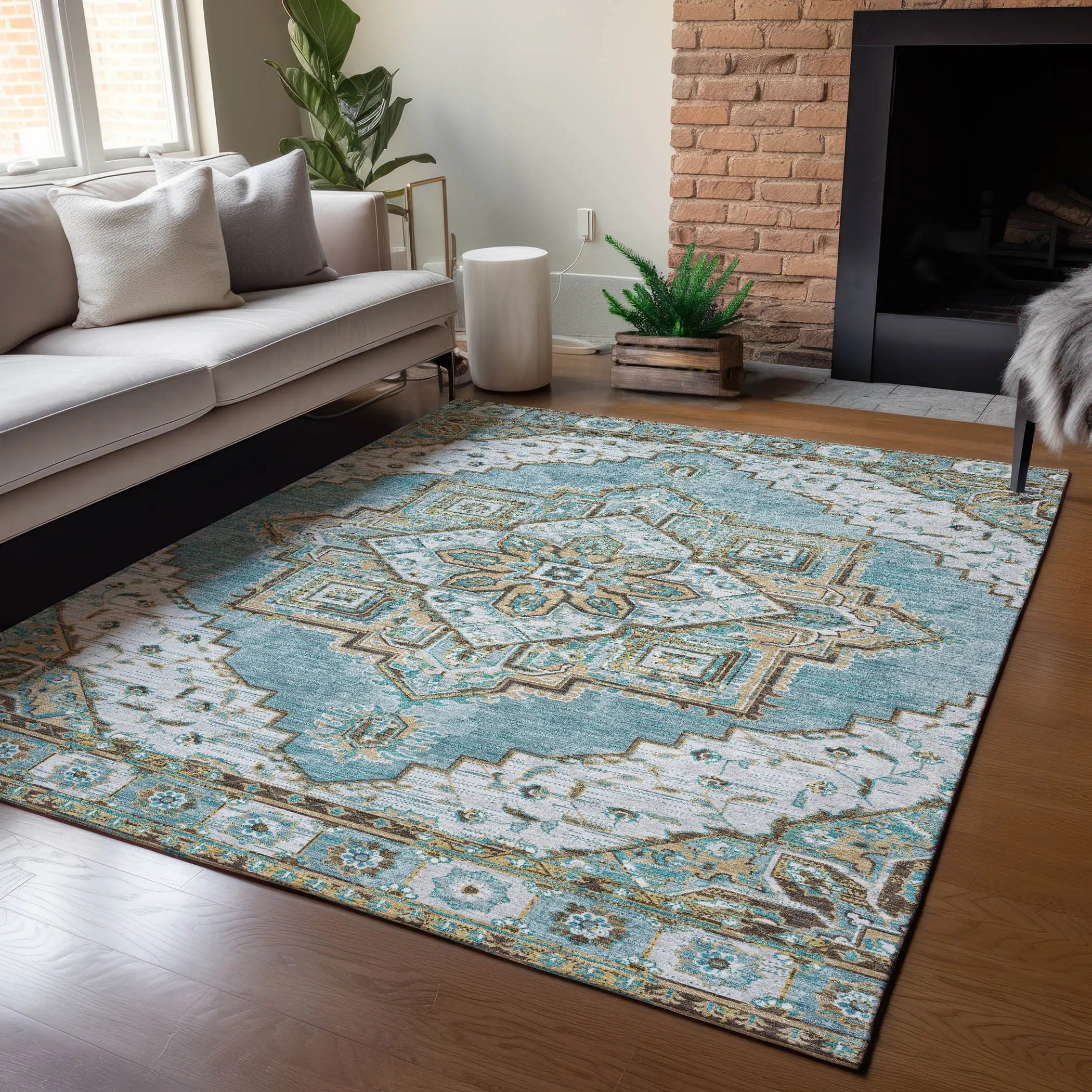 8' X 10' Teal Blue And Graphite Oriental Washable Indoor Outdoor Area Rug Homeroots Outdoor