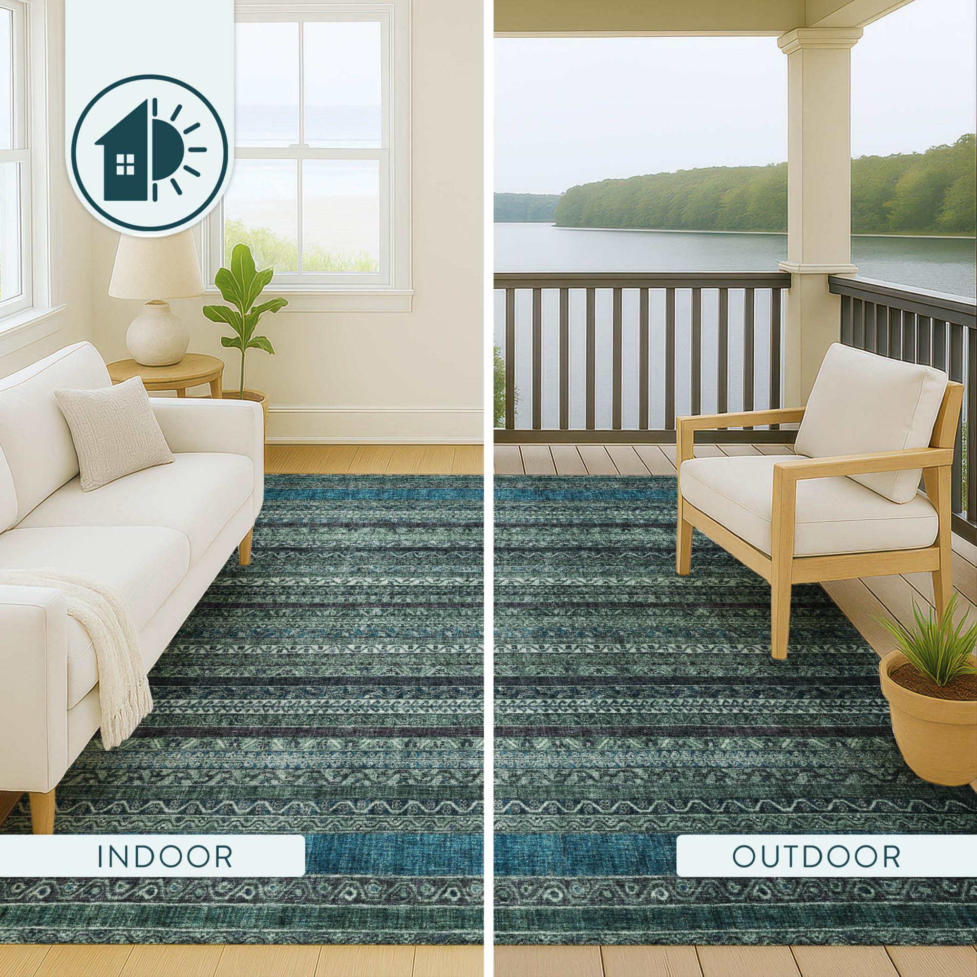 8' X 10' Teal Blue And Graphite Striped Washable Indoor Outdoor Area Rug Homeroots Outdoor