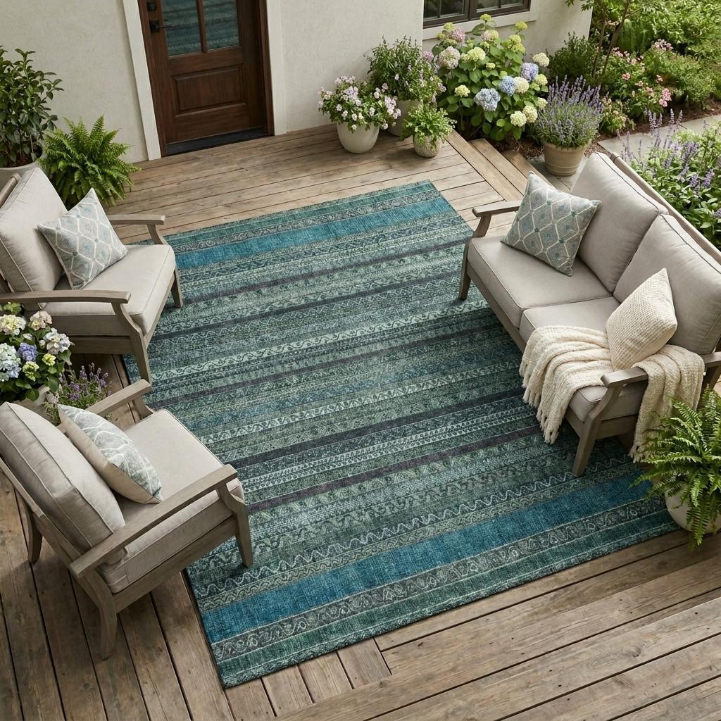 8' X 10' Teal Blue And Graphite Striped Washable Indoor Outdoor Area Rug Homeroots Outdoor