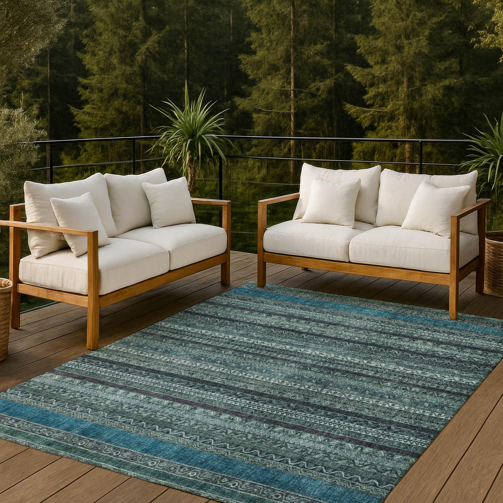 8' X 10' Teal Blue And Graphite Striped Washable Indoor Outdoor Area Rug Homeroots Outdoor