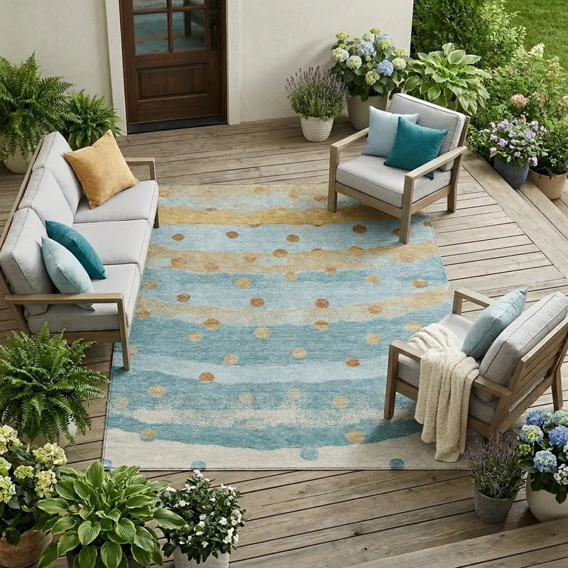 8' X 10' Teal Blue And Graphite Striped Washable Indoor Outdoor Area Rug Homeroots Outdoor