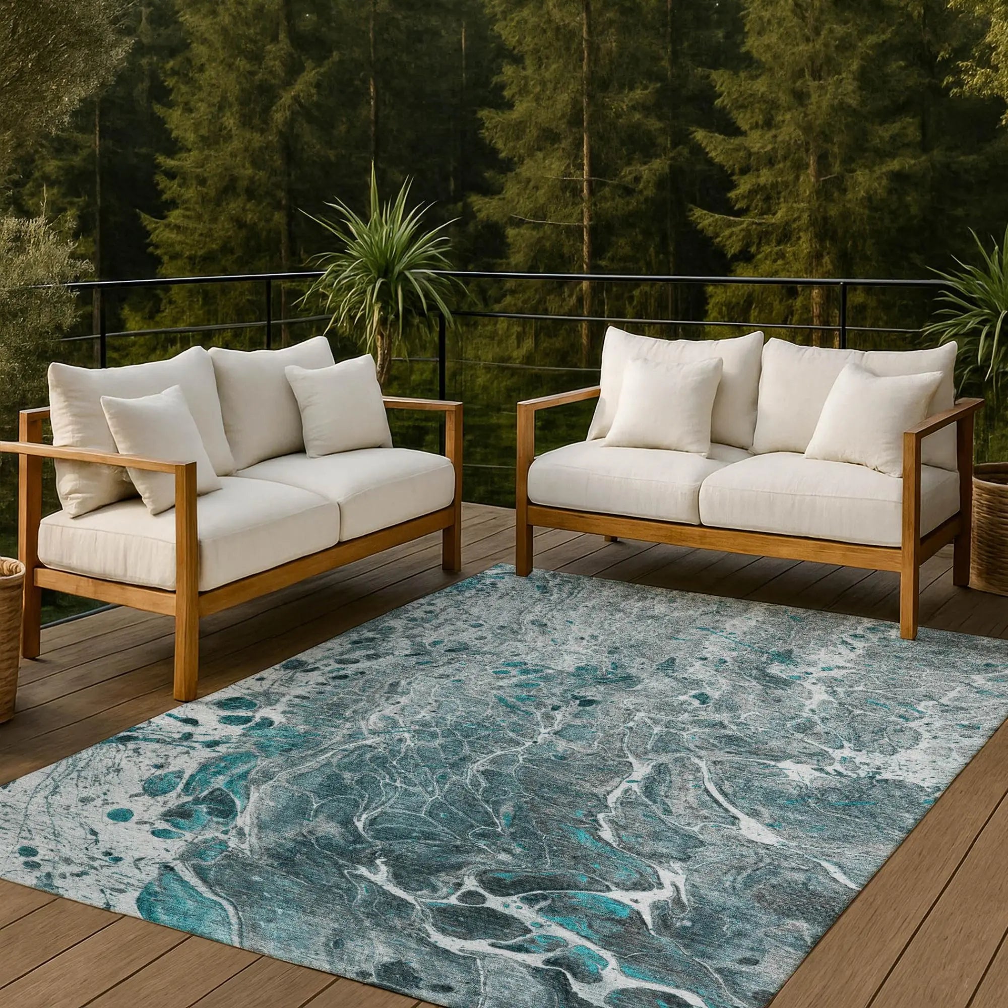 8' X 10' Teal Blue And Gray Abstract Washable Indoor Outdoor Area Rug Homeroots Outdoor