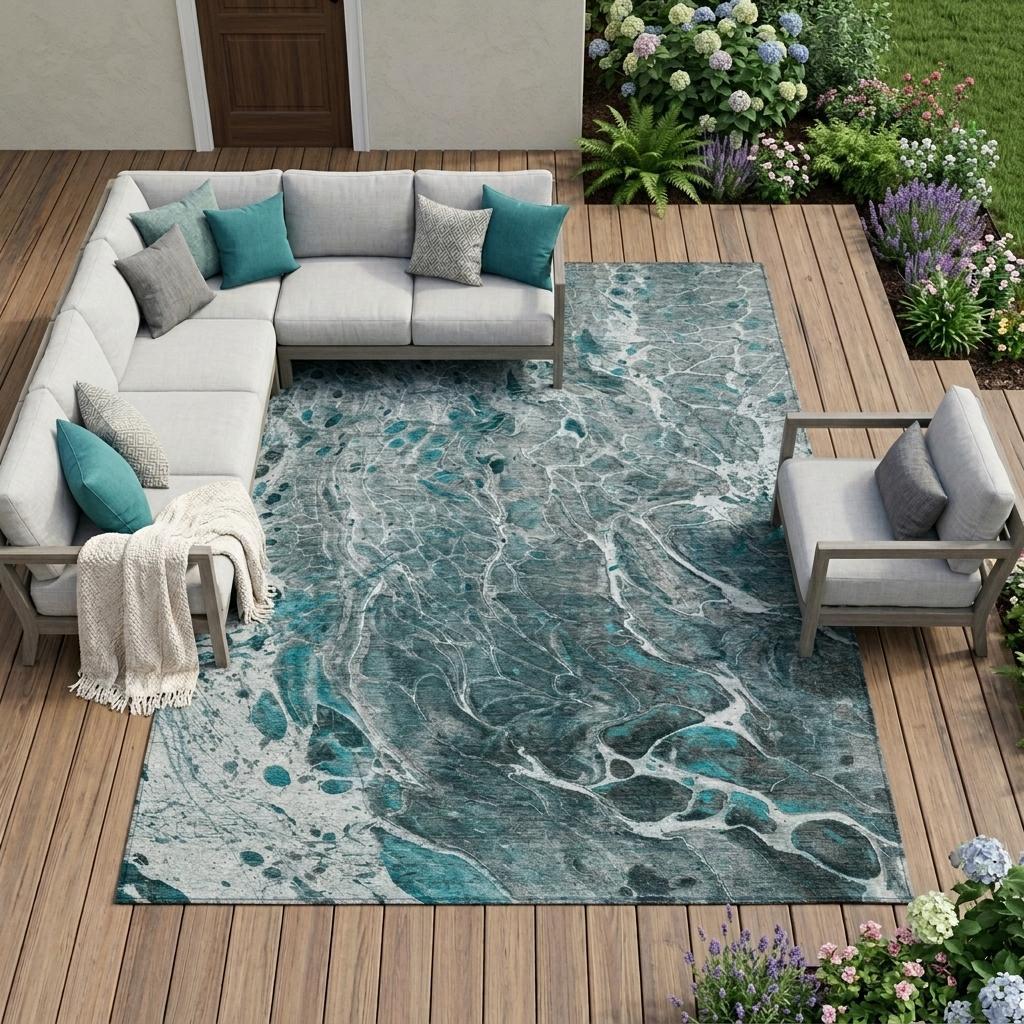 8' X 10' Teal Blue And Gray Abstract Washable Indoor Outdoor Area Rug Homeroots Outdoor