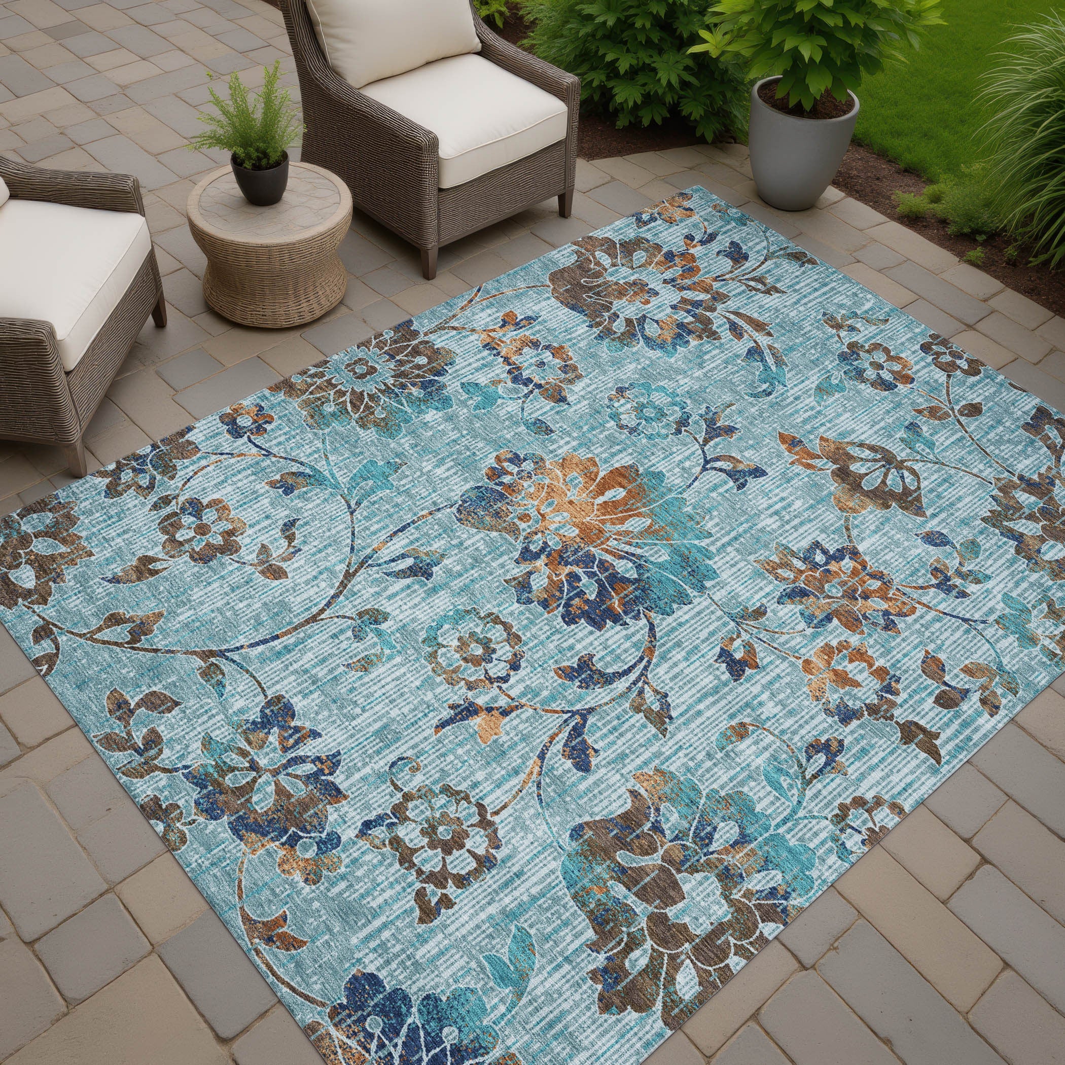 8' X 10' Teal Blue And Gray Floral Washable Indoor Outdoor Area Rug Homeroots Outdoor