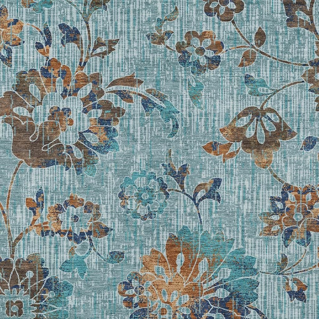 8' X 10' Teal Blue And Gray Floral Washable Indoor Outdoor Area Rug Homeroots Outdoor