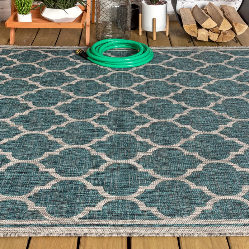 8' X 10' Teal Blue And Gray Geometric Indoor Outdoor Area Rug Homeroots Outdoor