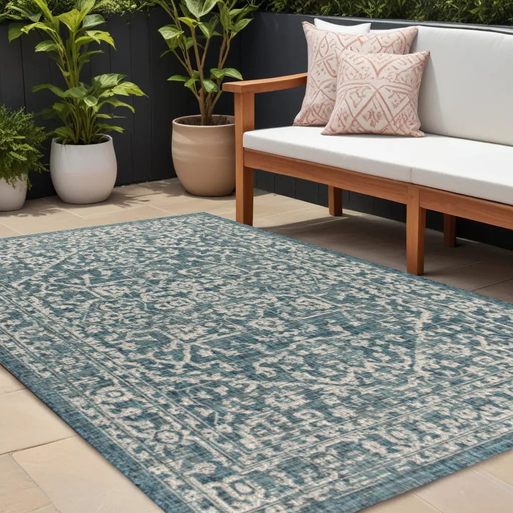 8' X 10' Teal Blue And Gray Medallion Indoor Outdoor Area Rug Homeroots Outdoor