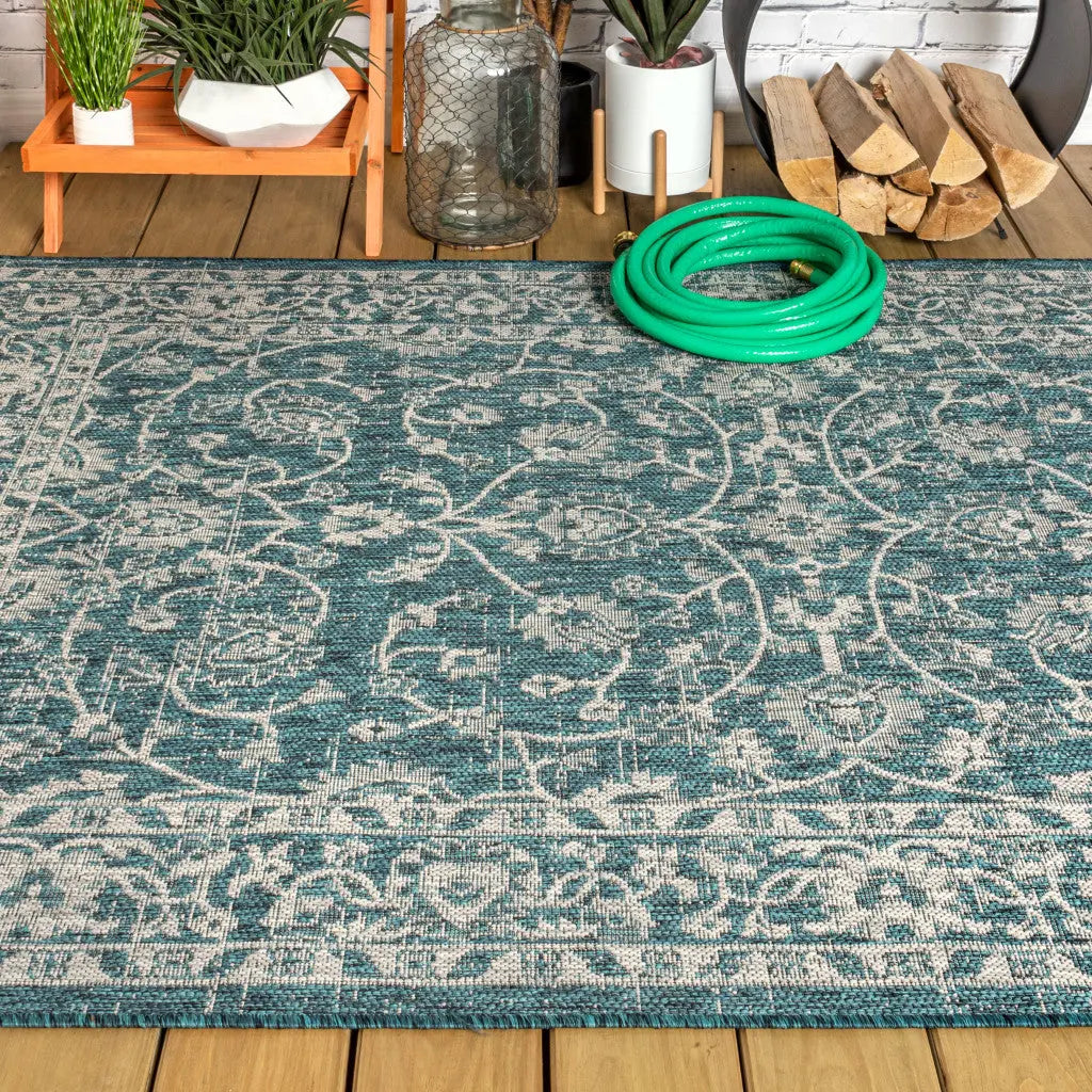8' X 10' Teal Blue And Gray Medallion Indoor Outdoor Area Rug Homeroots Outdoor