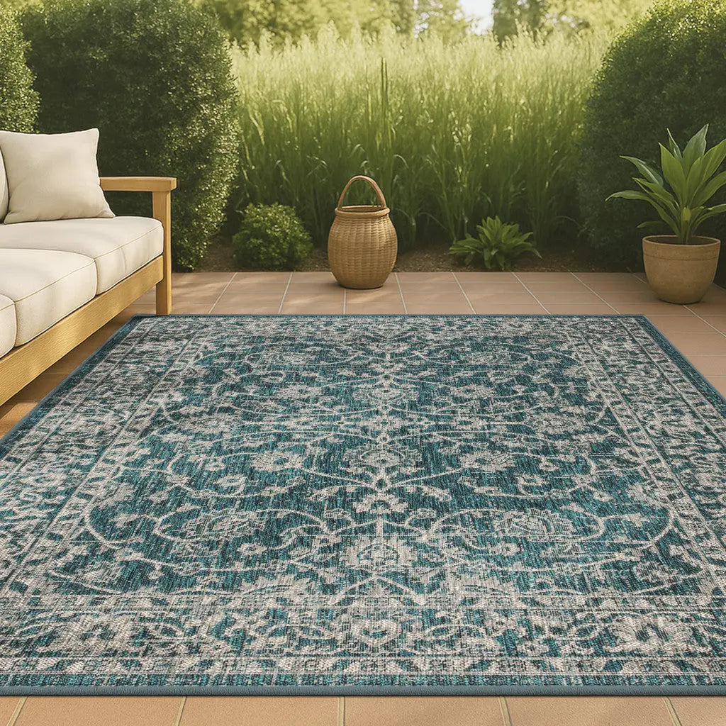 8' X 10' Teal Blue And Gray Medallion Indoor Outdoor Area Rug Homeroots Outdoor