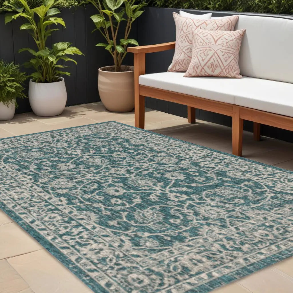 8' X 10' Teal Blue And Gray Medallion Indoor Outdoor Area Rug Homeroots Outdoor
