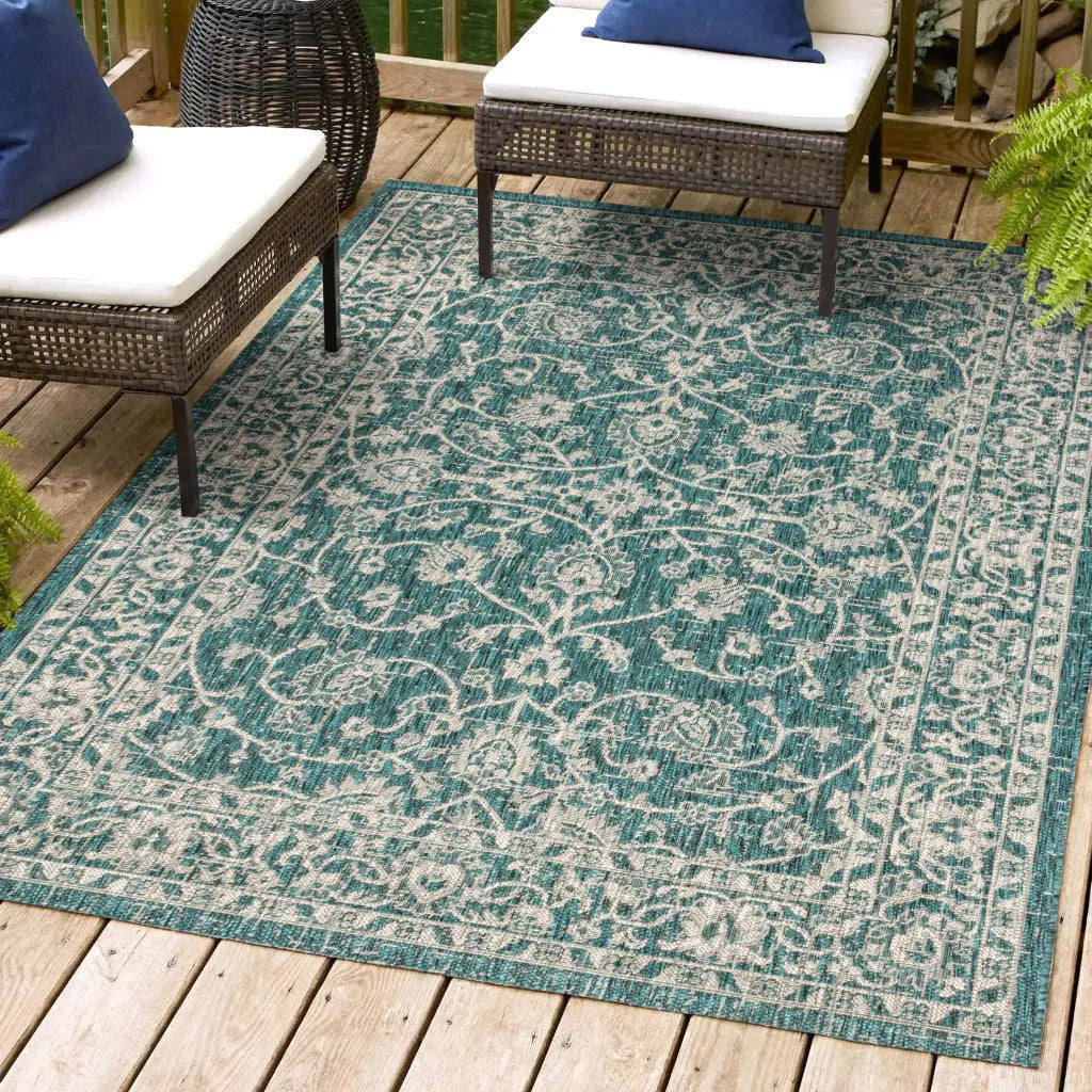 8' X 10' Teal Blue And Gray Medallion Indoor Outdoor Area Rug Homeroots Outdoor