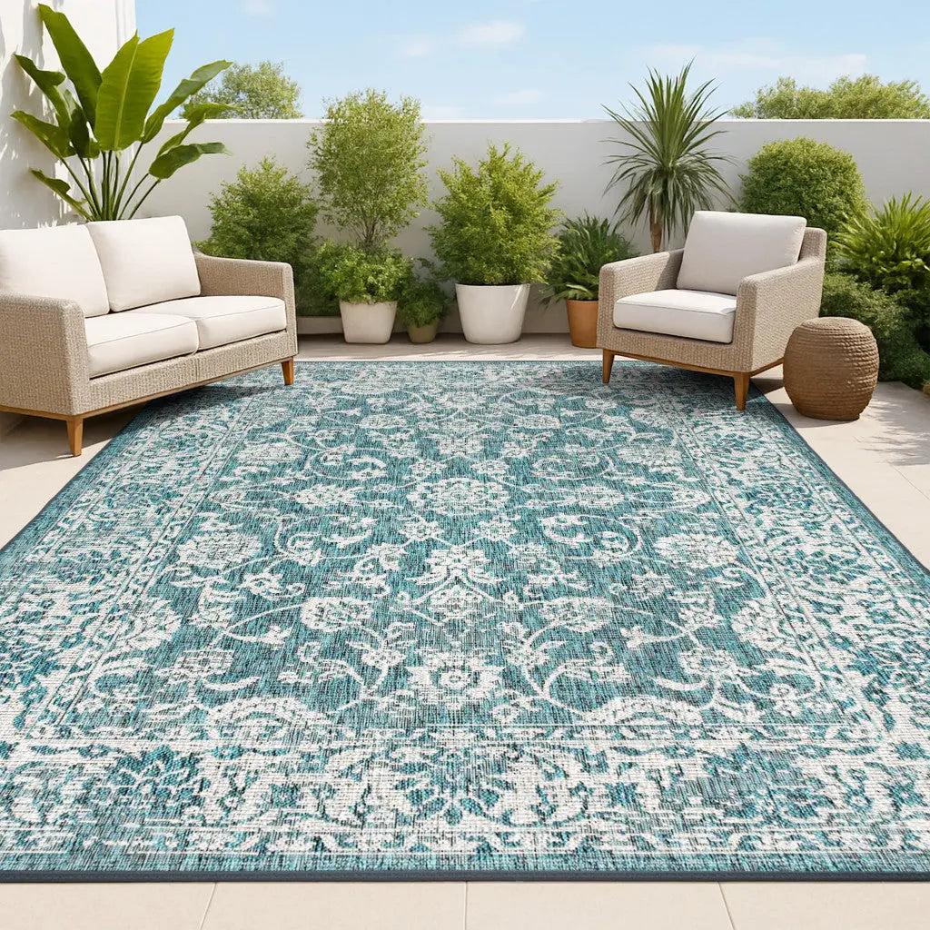 8' X 10' Teal Blue And Gray Medallion Indoor Outdoor Area Rug Homeroots Outdoor