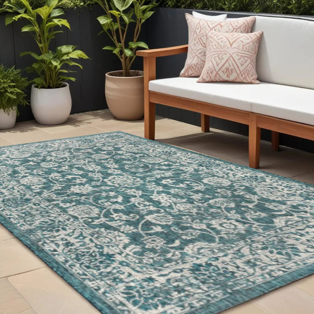 8' X 10' Teal Blue And Gray Medallion Indoor Outdoor Area Rug Homeroots Outdoor