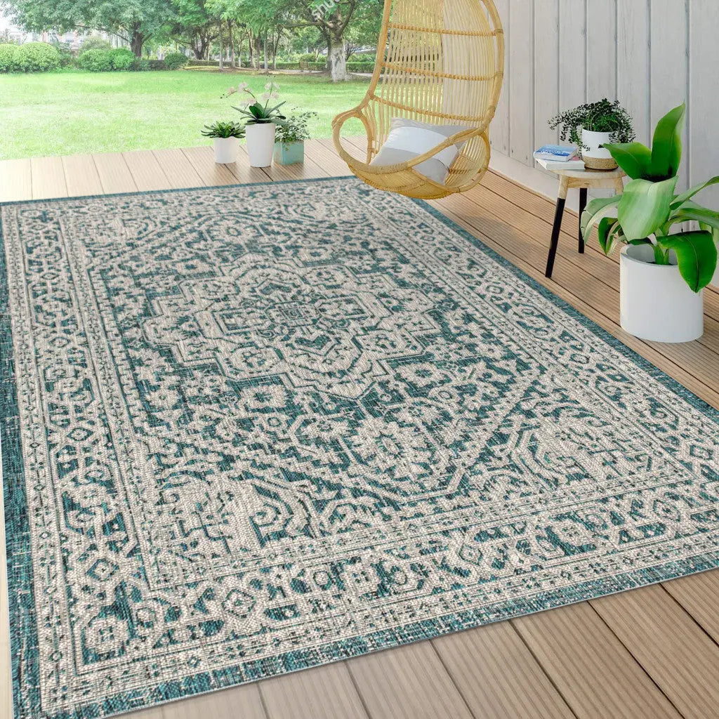 8' X 10' Teal Blue And Gray Medallion Indoor Outdoor Area Rug Homeroots Outdoor