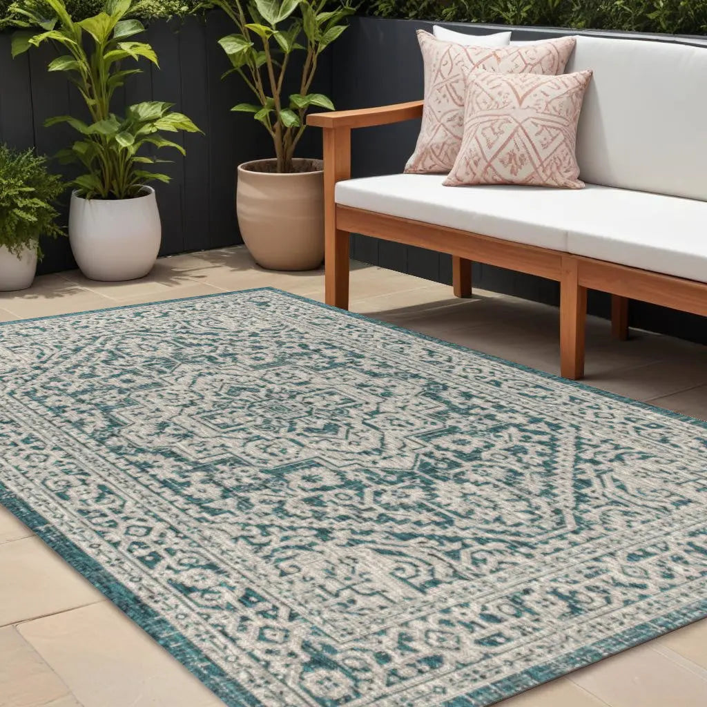 8' X 10' Teal Blue And Gray Medallion Indoor Outdoor Area Rug Homeroots Outdoor