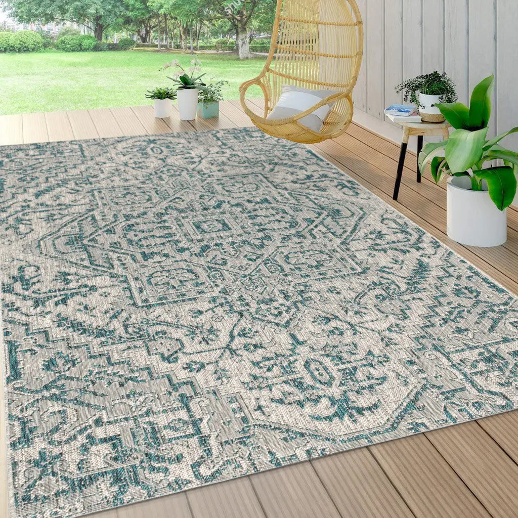 8' X 10' Teal Blue And Gray Medallion Indoor Outdoor Area Rug Homeroots Outdoor