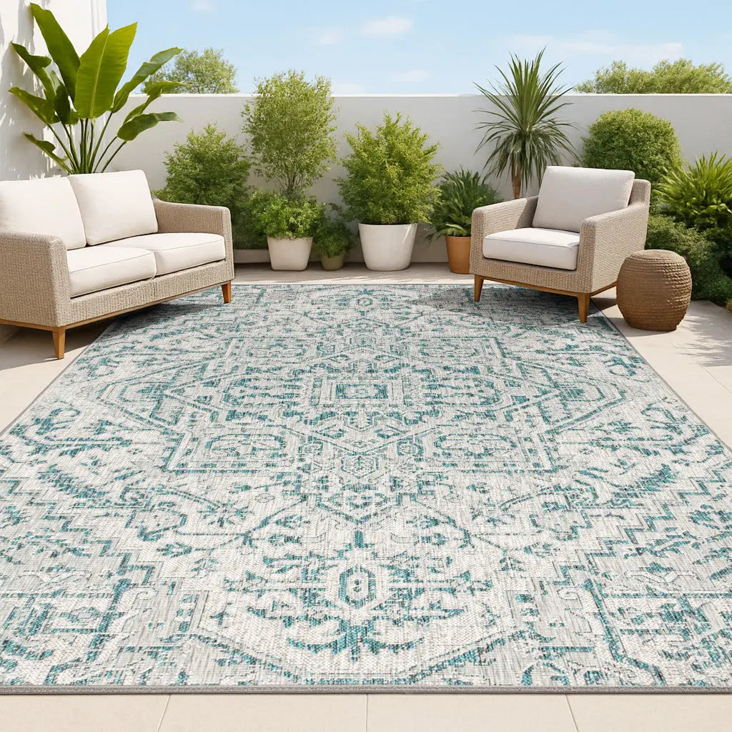 8' X 10' Teal Blue And Gray Medallion Indoor Outdoor Area Rug Homeroots Outdoor