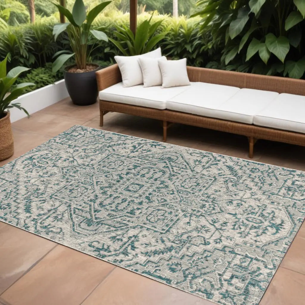 8' X 10' Teal Blue And Gray Medallion Indoor Outdoor Area Rug Homeroots Outdoor
