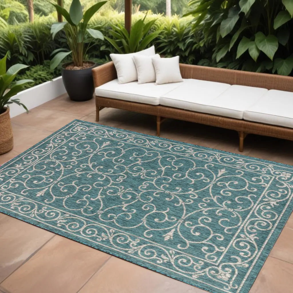 8' X 10' Teal Blue And Gray Medallion Indoor Outdoor Area Rug Homeroots Outdoor