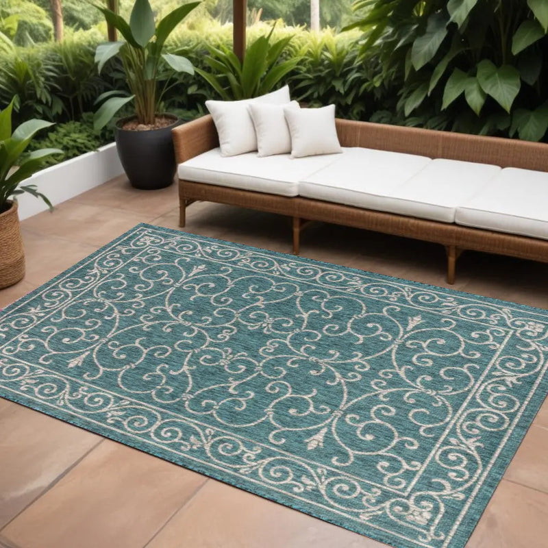 8' X 10' Teal Blue And Gray Medallion Indoor Outdoor Area Rug Homeroots Outdoor