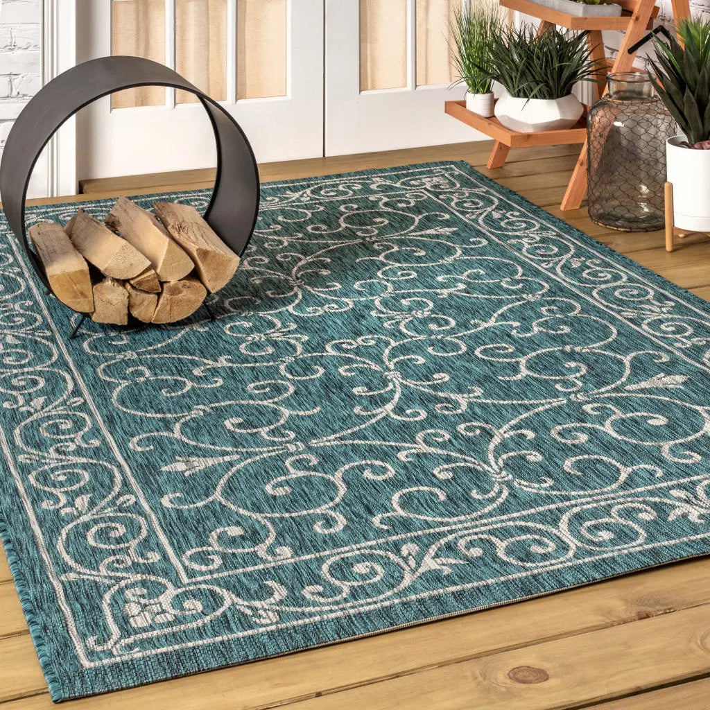 8' X 10' Teal Blue And Gray Medallion Indoor Outdoor Area Rug Homeroots Outdoor
