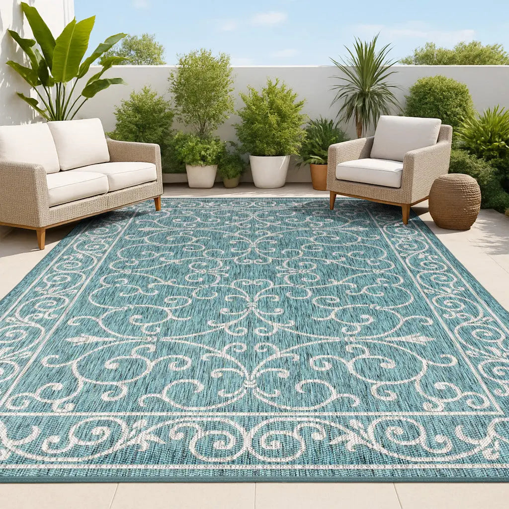 8' X 10' Teal Blue And Gray Medallion Indoor Outdoor Area Rug Homeroots Outdoor