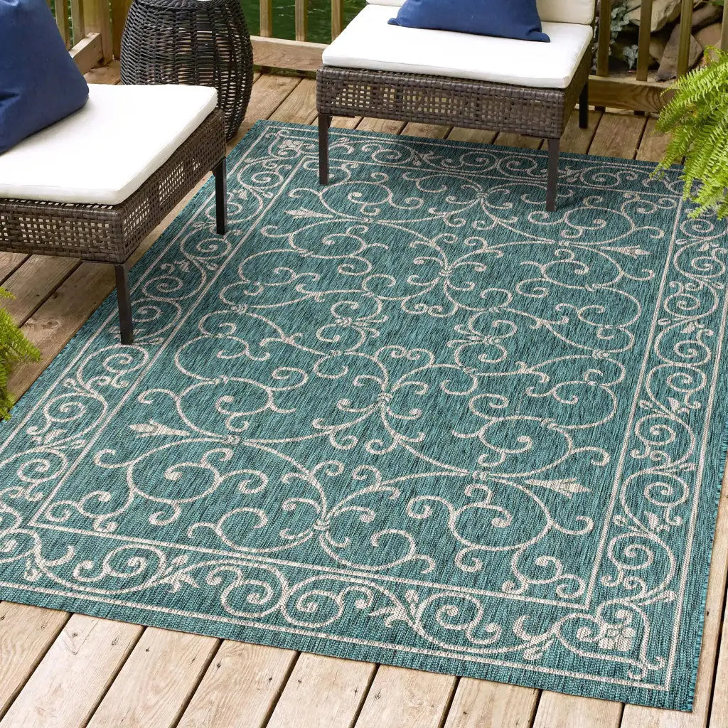 8' X 10' Teal Blue And Gray Medallion Indoor Outdoor Area Rug Homeroots Outdoor