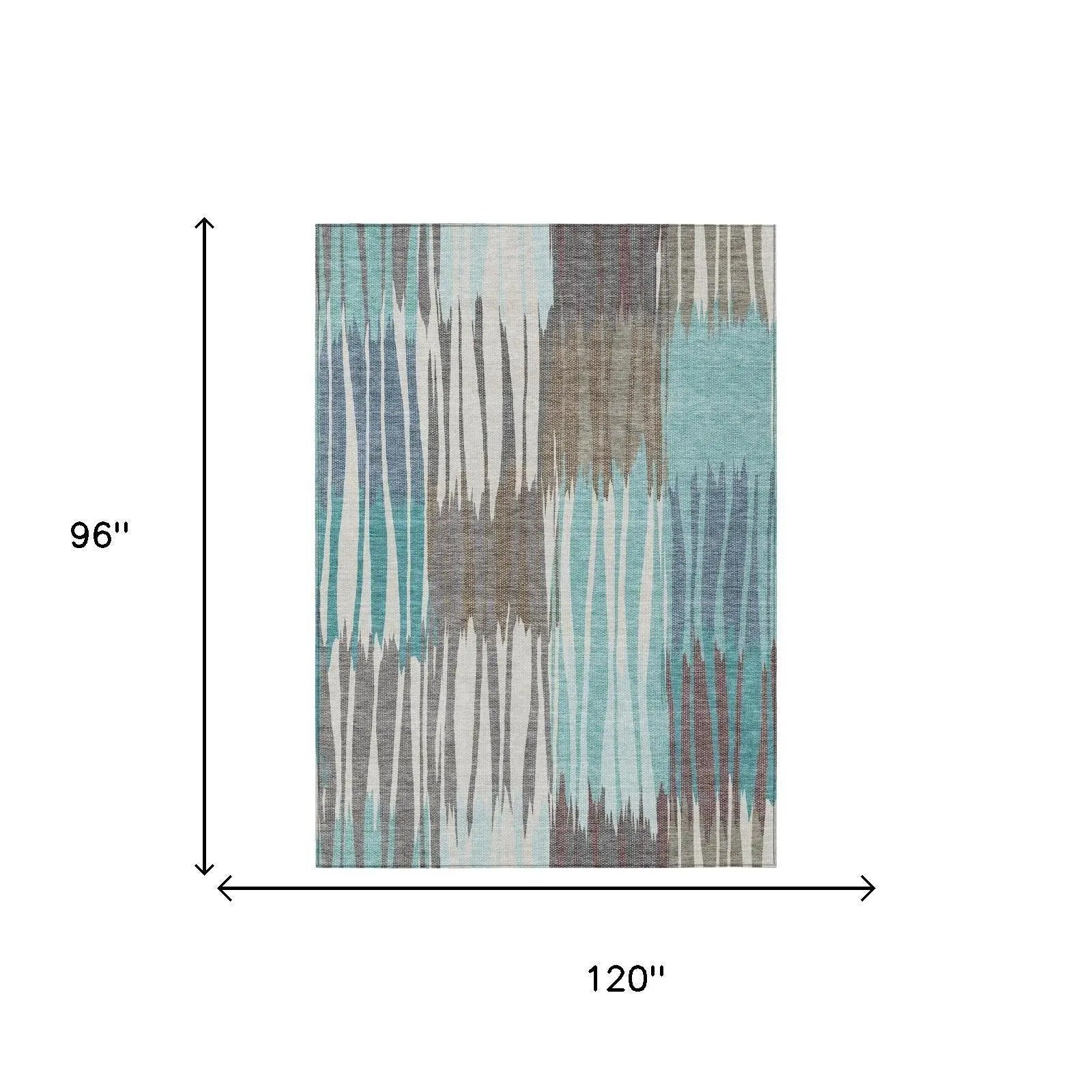 8' X 10' Teal Blue And Gray Striped Washable Indoor Outdoor Area Rug Homeroots Outdoor