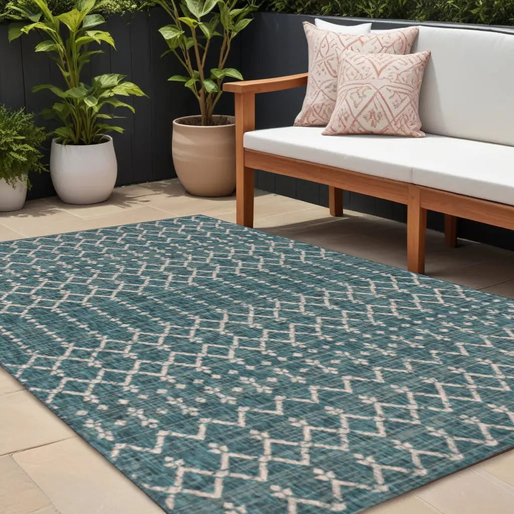 8' X 10' Teal Blue And Gray Trellis Indoor Outdoor Area Rug Homeroots Outdoor