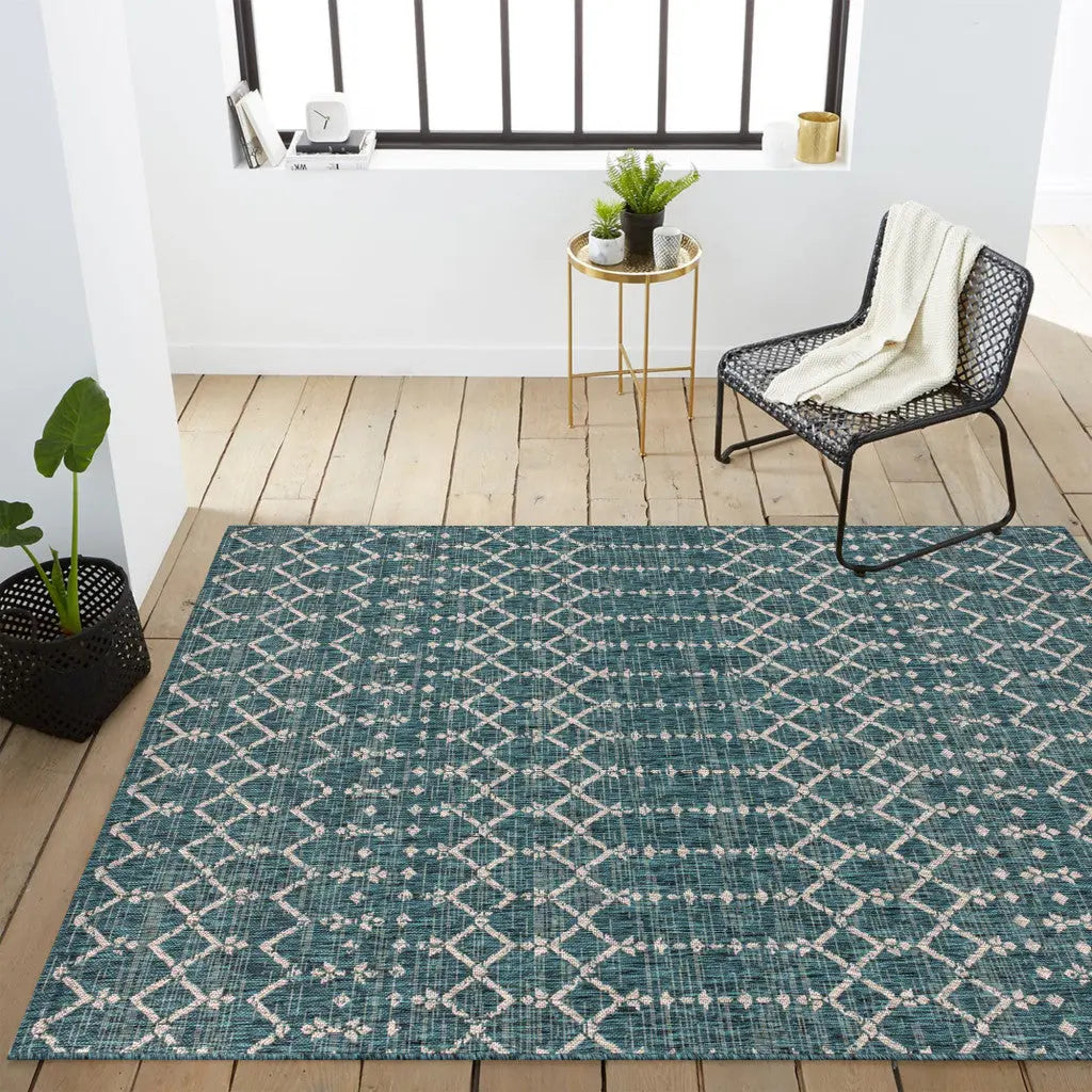 8' X 10' Teal Blue And Gray Trellis Indoor Outdoor Area Rug Homeroots Outdoor