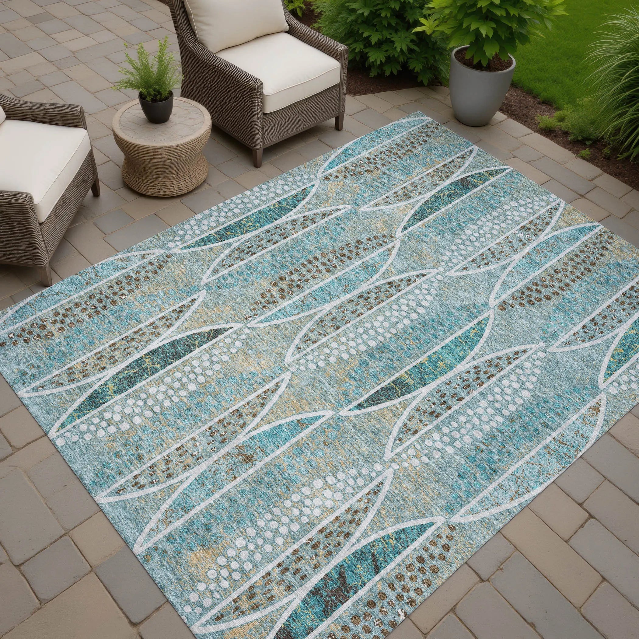 8' X 10' Teal Blue And Green Geometric Washable Indoor Outdoor Area Rug Homeroots Outdoor