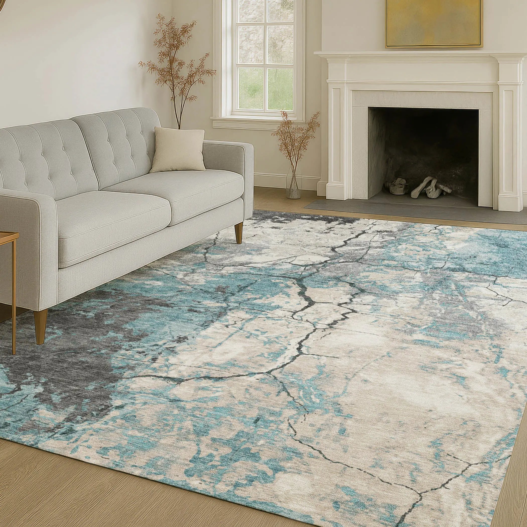 8' X 10' Teal Blue And Ivory Abstract Washable Indoor Outdoor Area Rug Homeroots Outdoor