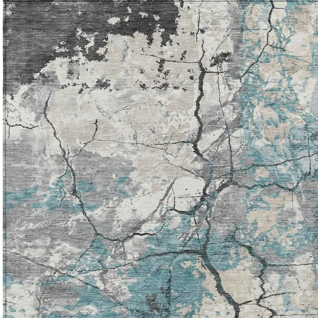 8' X 10' Teal Blue And Ivory Abstract Washable Indoor Outdoor Area Rug Homeroots Outdoor