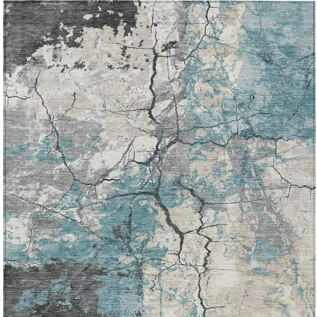 8' X 10' Teal Blue And Ivory Abstract Washable Indoor Outdoor Area Rug Homeroots Outdoor