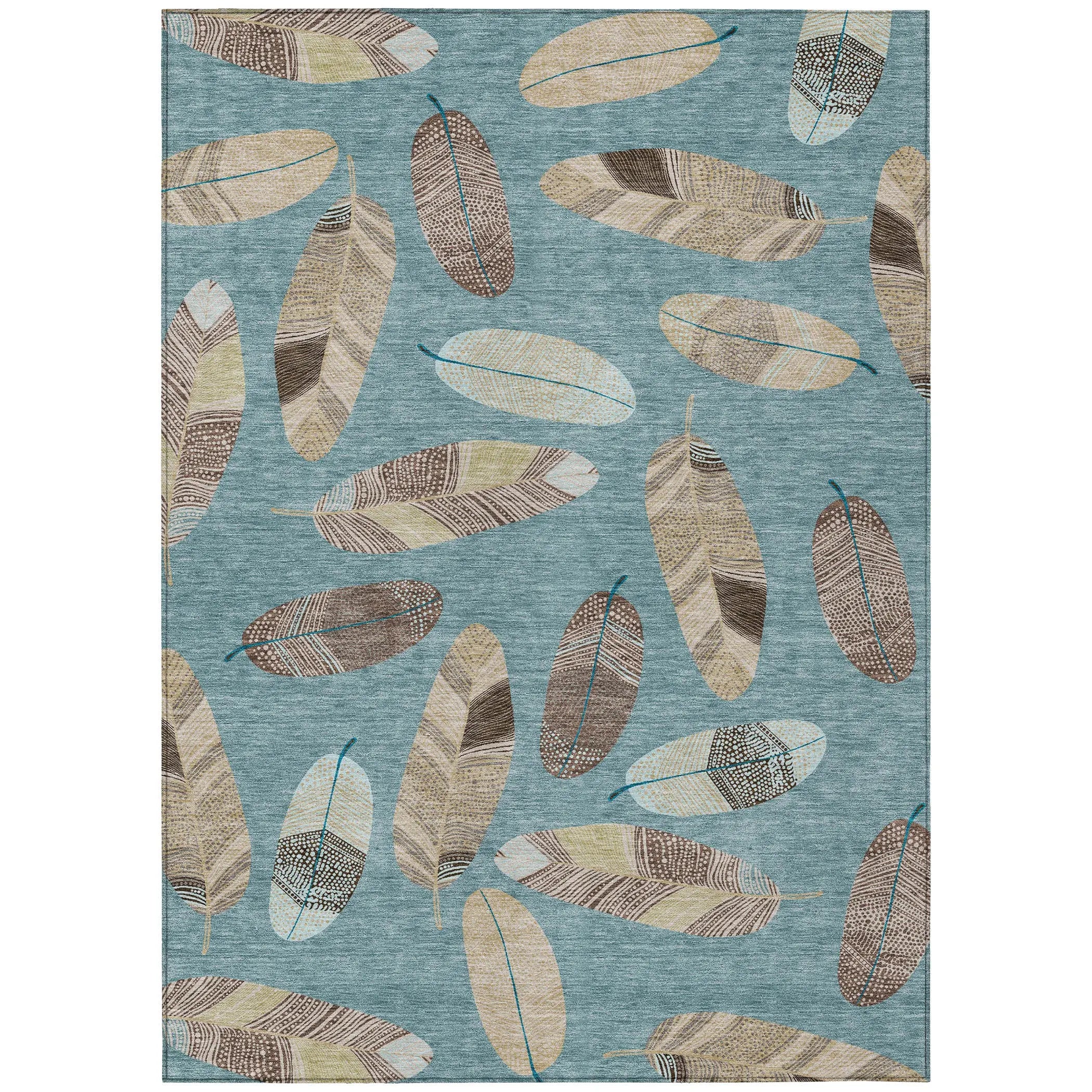 8' X 10' Teal Blue And Ivory Botanical Leaves Washable Indoor Outdoor Area Rug Homeroots Outdoor