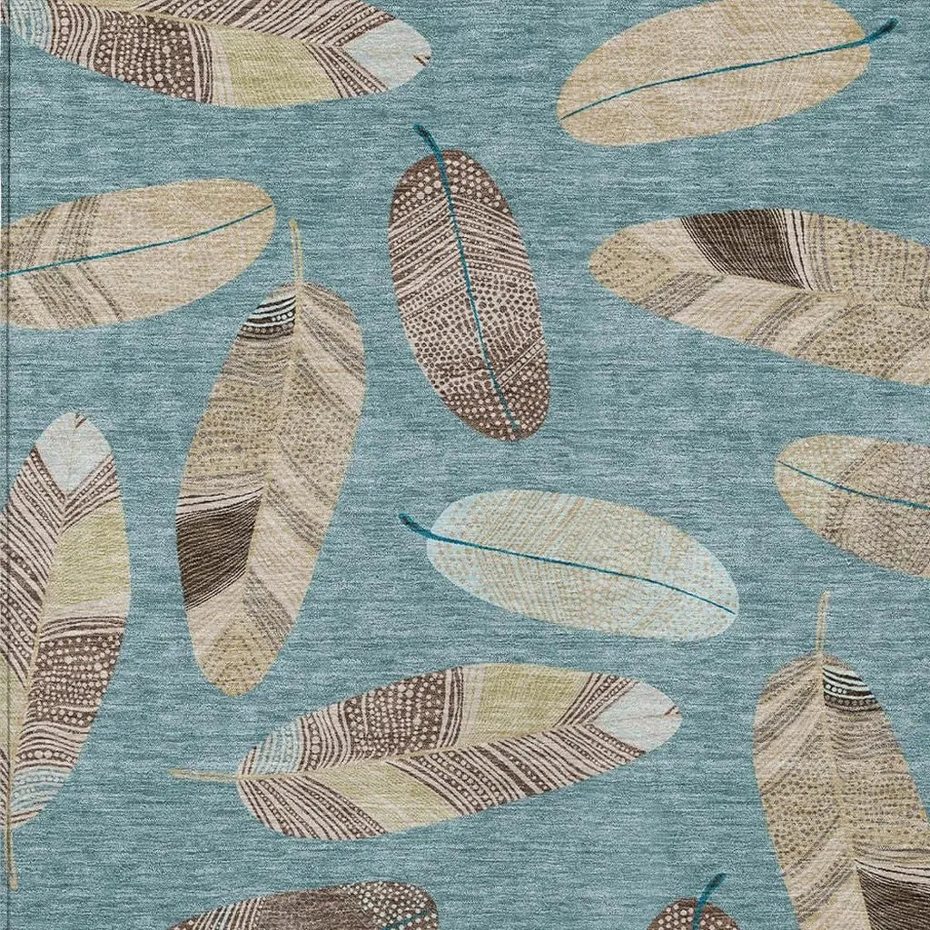 8' X 10' Teal Blue And Ivory Botanical Leaves Washable Indoor Outdoor Area Rug Homeroots Outdoor