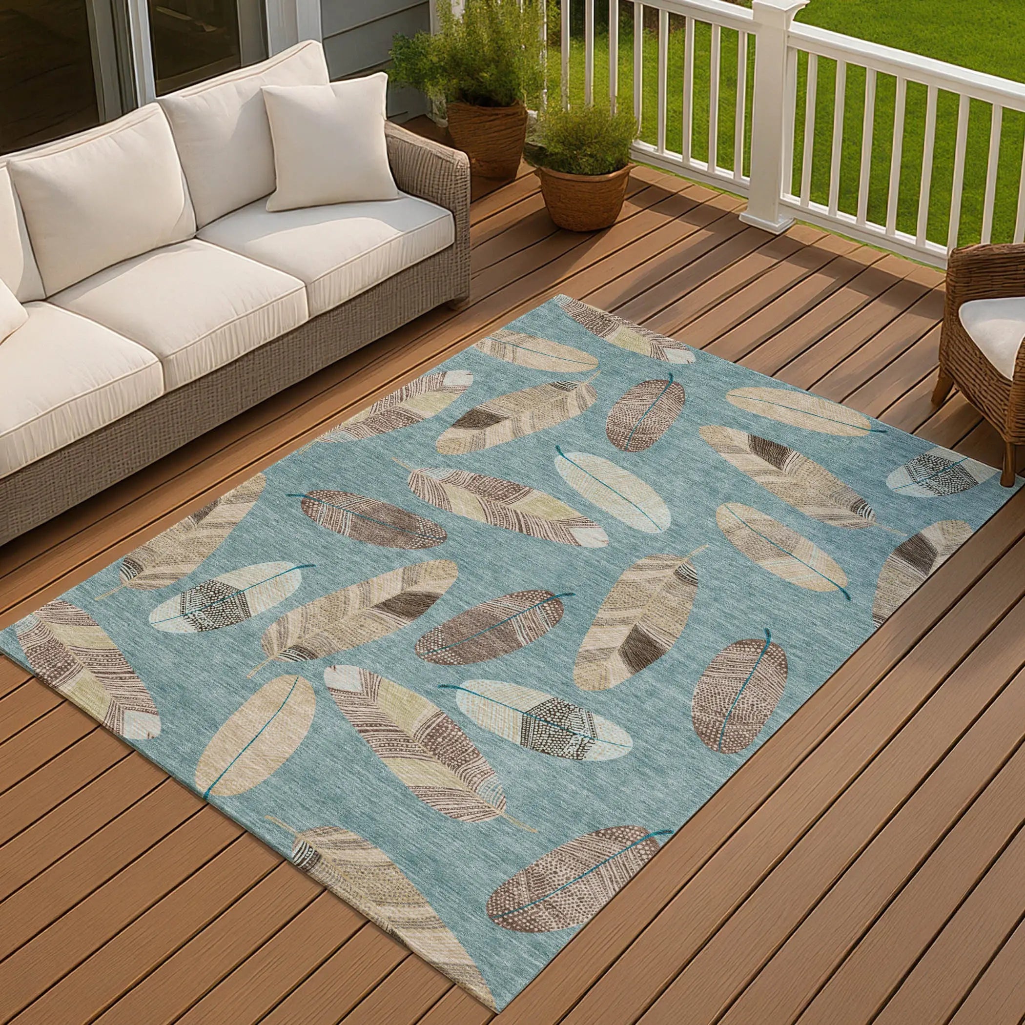 8' X 10' Teal Blue And Ivory Botanical Leaves Washable Indoor Outdoor Area Rug Homeroots Outdoor