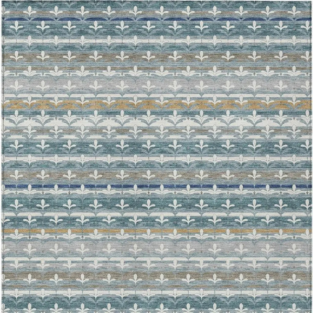 8' X 10' Teal Blue And Ivory Damask Washable Indoor Outdoor Area Rug Homeroots Outdoor