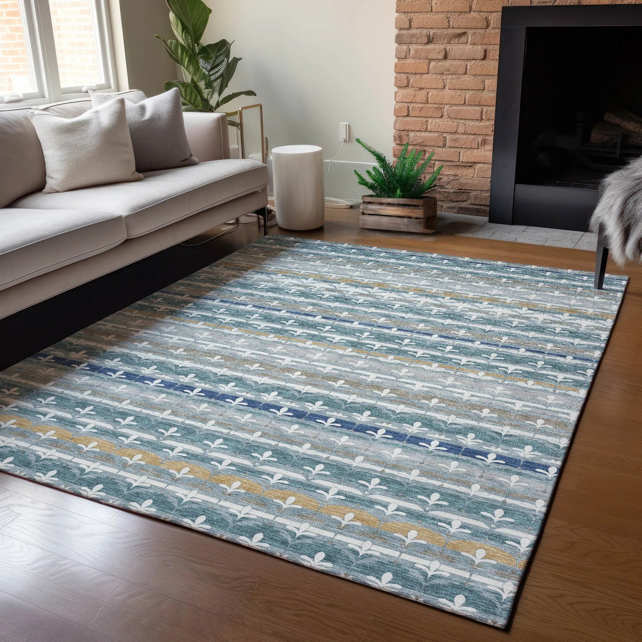 8' X 10' Teal Blue And Ivory Damask Washable Indoor Outdoor Area Rug Homeroots Outdoor